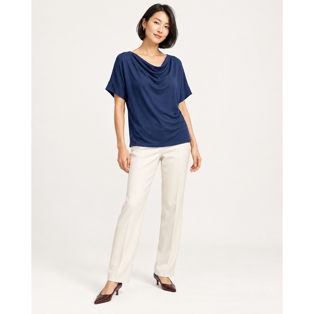 Banana Republic Women Blue Cowl Neck Top Large Drape Short Sleeve Work Casual